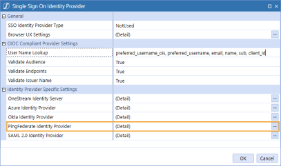 The Single Sign On Identity Provider dialog box has a grid with row headings that have a blue background with blue text and can be expanded to display fields with a white background and black text. In this example, in the Identity Provider Specific Settings section, Pingfederate Identity Provider is highlighted.